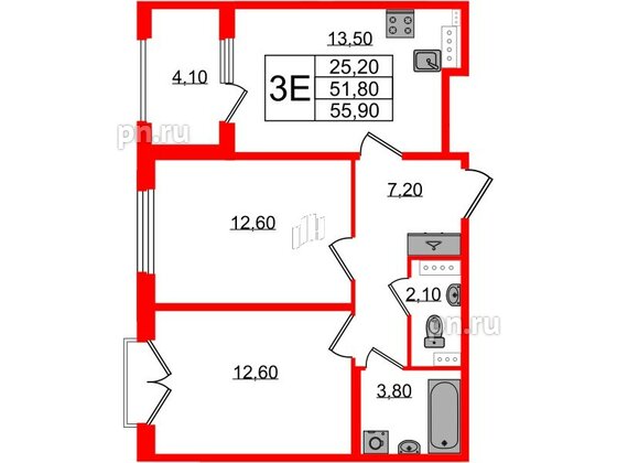 Квартира в ЖК Дубровский, 2 комнатная, 55.9 м², 4 этаж