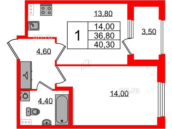 Квартира в ЖК Дубровский, 1 комнатная, 40.3 м², 2 этаж