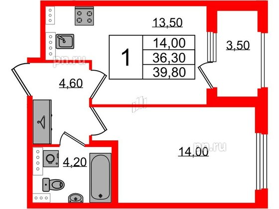 Квартира в ЖК Дубровский, 1 комнатная, 39.8 м², 3 этаж