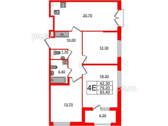 Квартира в ЖК Дубровский, 3 комнатная, 83.4 м², 2 этаж