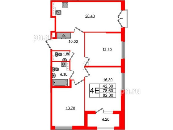 Квартира в ЖК Дубровский, 3 комнатная, 82.8 м², 3 этаж