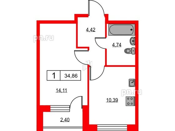 Квартира в ЖК Урбанист, 1 комнатная, 34.86 м², 2 этаж