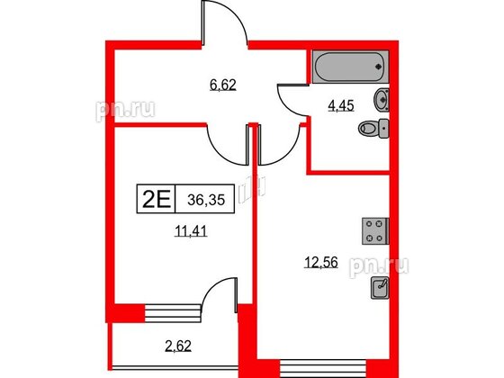 Квартира в ЖК Урбанист, 1 комнатная, 36.35 м², 2 этаж