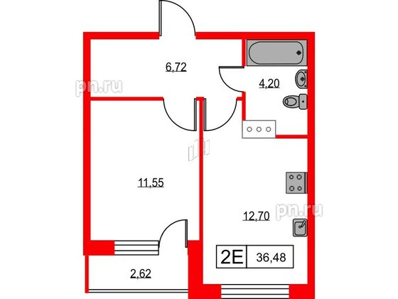 Квартира в ЖК Урбанист, 1 комнатная, 36.48 м², 4 этаж