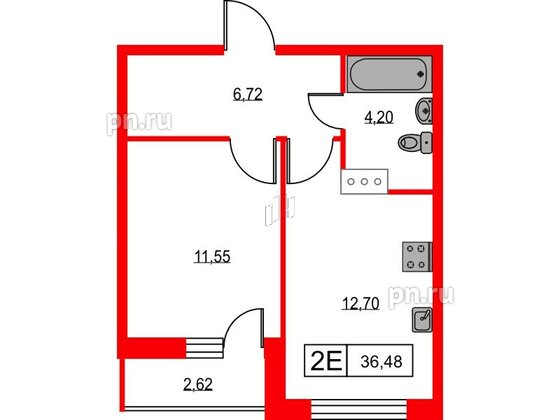 Квартира в ЖК Урбанист, 1 комнатная, 36.48 м², 6 этаж