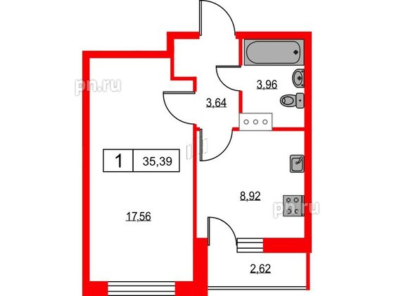 Квартира в ЖК Урбанист, 1 комнатная, 35.39 м², 11 этаж