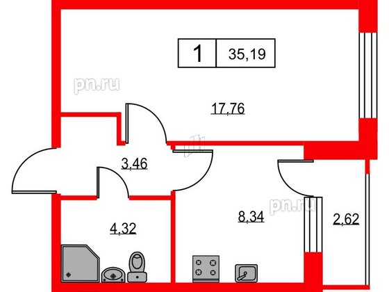 Квартира в ЖК Урбанист, 1 комнатная, 35.19 м², 2 этаж