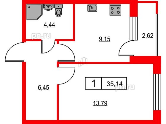 Квартира в ЖК Урбанист, 1 комнатная, 35.14 м², 2 этаж