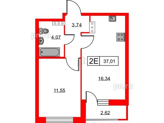 Квартира в ЖК Урбанист, 1 комнатная, 37.01 м², 7 этаж