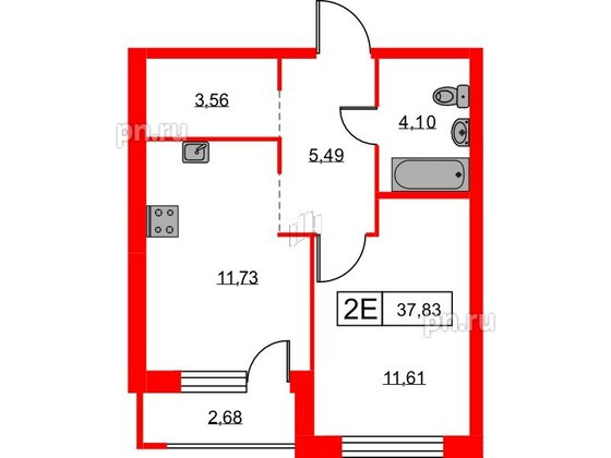 Квартира в ЖК Урбанист, 1 комнатная, 37.83 м², 2 этаж