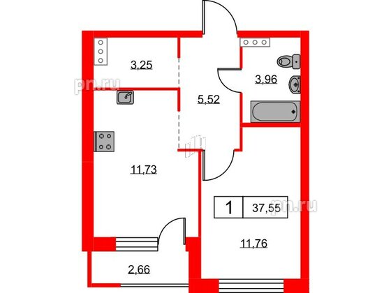 Квартира в ЖК Урбанист, 1 комнатная, 37.55 м², 3 этаж