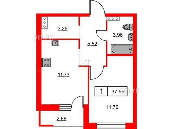 Квартира в ЖК Урбанист, 1 комнатная, 37.55 м², 6 этаж