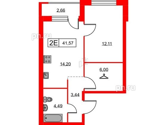 Квартира в ЖК Урбанист, 1 комнатная, 41.57 м², 2 этаж