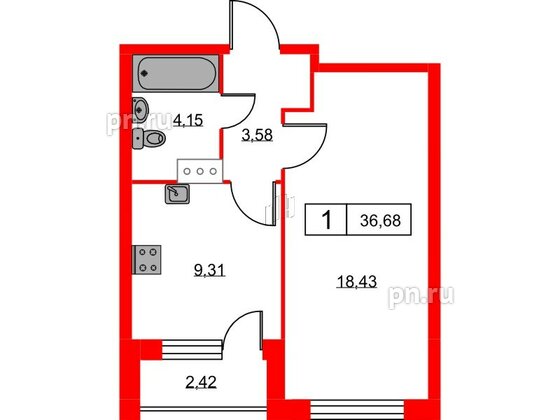 Квартира в ЖК Урбанист, 1 комнатная, 36.68 м², 4 этаж