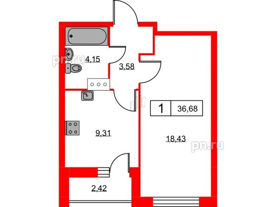 Квартира в ЖК Урбанист, 1 комнатная, 36.68 м², 6 этаж