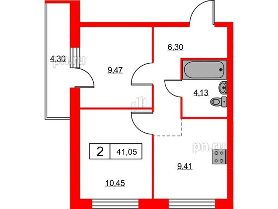 Квартира в ЖК Урбанист, 2 комнатная, 41.05 м², 2 этаж