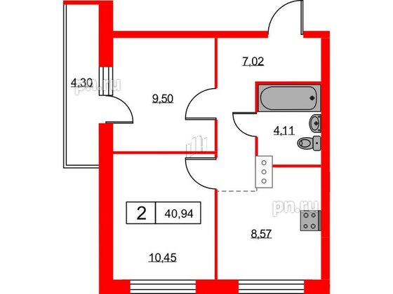 Квартира в ЖК Урбанист, 2 комнатная, 40.94 м², 4 этаж