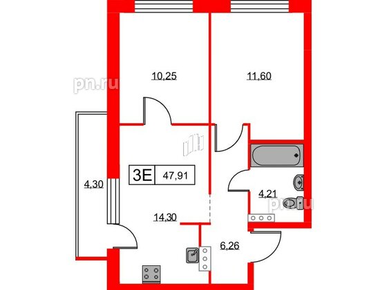 Квартира в ЖК Урбанист, 2 комнатная, 47.91 м², 12 этаж