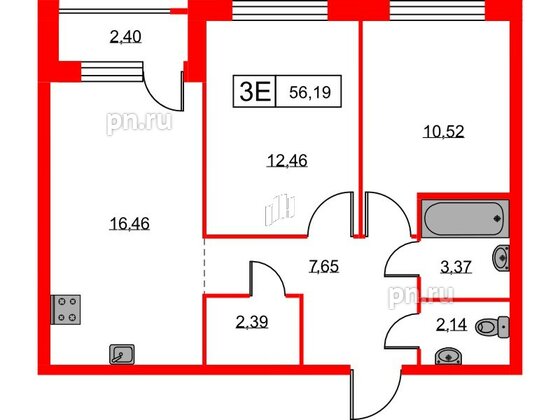 Квартира в ЖК Урбанист, 2 комнатная, 56.19 м², 2 этаж