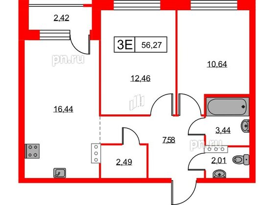 Квартира в ЖК Урбанист, 2 комнатная, 56.27 м², 4 этаж