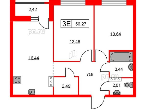 Квартира в ЖК Урбанист, 2 комнатная, 56.27 м², 7 этаж