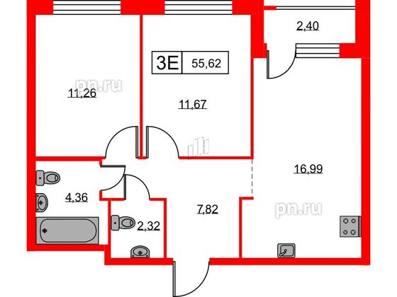 Квартира в ЖК Урбанист, 2 комнатная, 55.62 м², 2 этаж