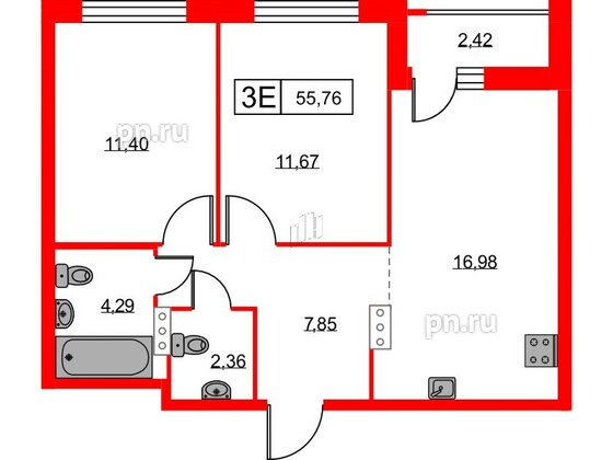 Квартира в ЖК Урбанист, 2 комнатная, 55.76 м², 6 этаж