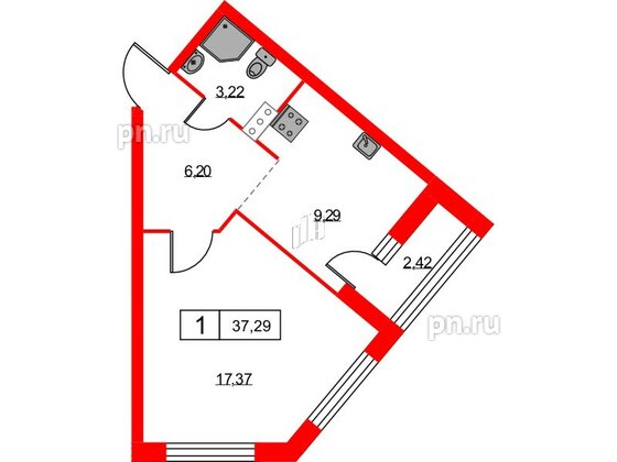 Квартира в ЖК Урбанист, 1 комнатная, 37.29 м², 15 этаж