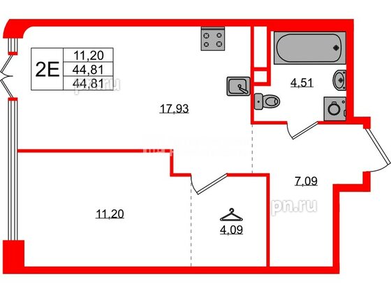 Квартира в ЖК «AVANT», 1 комнатная, 44.81 м², 1 этаж