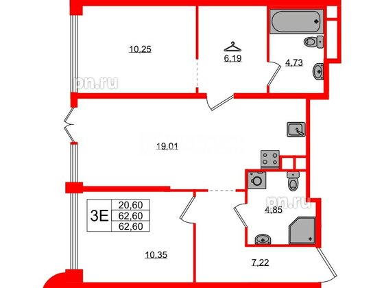 Квартира в ЖК «AVANT», 2 комнатная, 62.6 м², 1 этаж