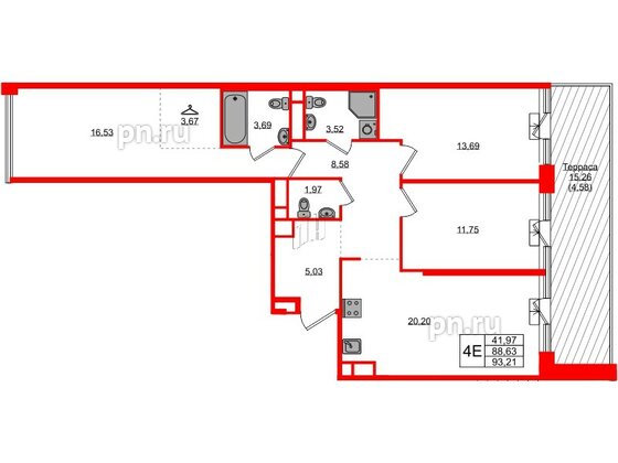 Квартира в ЖК AVANT, 3 комнатная, 93.21 м², 2 этаж