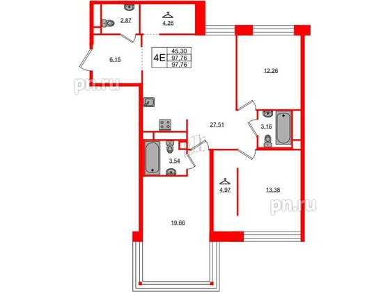 Квартира в ЖК AVANT, 3 комнатная, 97.76 м², 5 этаж