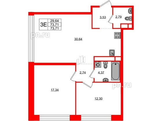 Квартира в ЖК AVANT, 2 комнатная, 73.71 м², 3 этаж