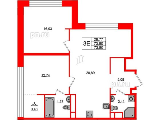 Квартира в ЖК AVANT, 2 комнатная, 73.8 м², 3 этаж