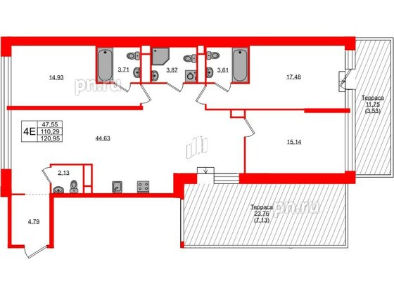 Квартира в ЖК AVANT, 3 комнатная, 120.95 м², 2 этаж