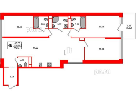 Квартира в ЖК AVANT, 3 комнатная, 112.37 м², 3 этаж