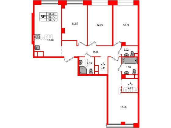 Квартира в ЖК AVANT, 4 комнатная, 96.7 м², 5 этаж