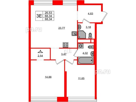 Квартира в ЖК AVANT, 2 комнатная, 68.34 м², 3 этаж