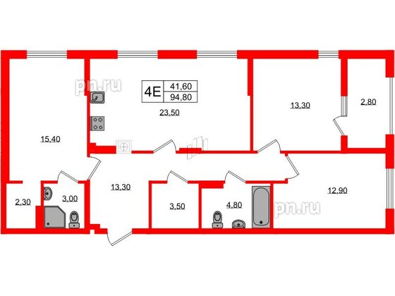 Квартира в ЖК «Дом на Красной», 3 комнатная, 94.8 м², 2 этаж