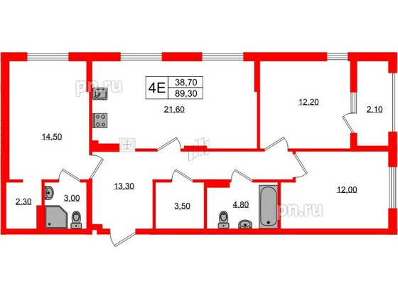 Квартира в ЖК «Дом на Красной», 3 комнатная, 89.3 м², 7 этаж