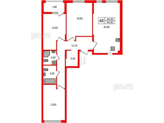 Квартира в ЖК «Дом на Красной», 3 комнатная, 94.9 м², 1 этаж