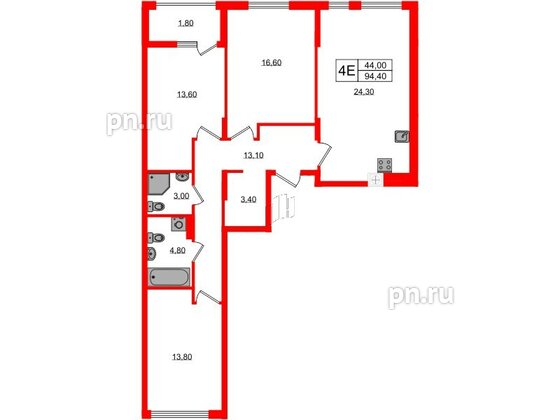 Квартира в ЖК «Дом на Красной», 3 комнатная, 94.4 м², 4 этаж