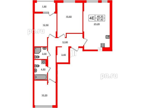 Квартира в ЖК «Дом на Красной», 3 комнатная, 91.5 м², 8 этаж