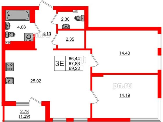 Квартира в ЖК «Расцвет Парк», 2 комнатная, 67.82 м², 2 этаж