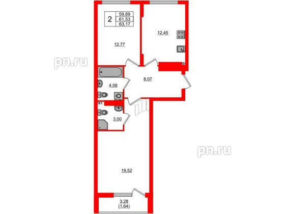 Квартира в ЖК «Расцвет Парк», 2 комнатная, 61.53 м², 2 этаж