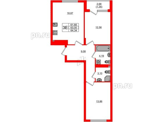 Квартира в ЖК «Расцвет Парк», 2 комнатная, 62.92 м², 2 этаж