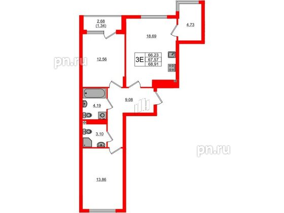 Квартира в ЖК «Расцвет Парк», 2 комнатная, 67.47 м², 4 этаж