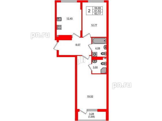 Квартира в ЖК «Расцвет Парк», 2 комнатная, 61.53 м², 2 этаж