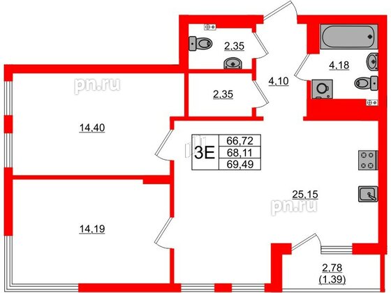 Квартира в ЖК «Расцвет Парк», 2 комнатная, 68.11 м², 4 этаж