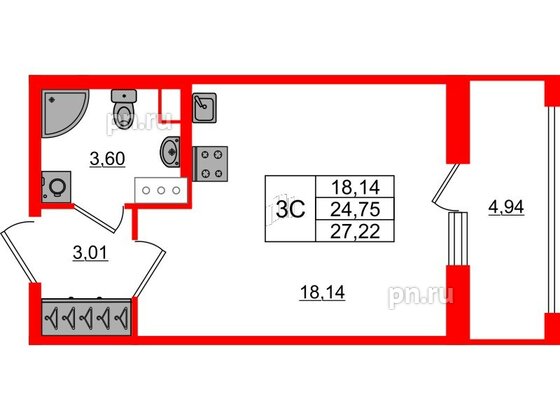 Квартира в ЖК «Город звёзд», студия, 24.75 м², 3 этаж